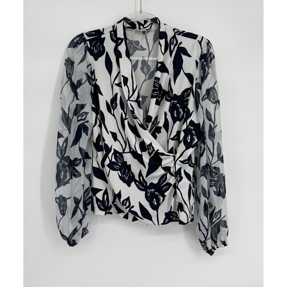 Chenault Womens Black White Floral Sheer Balloon Sleeve Wrap Blouse Sz L